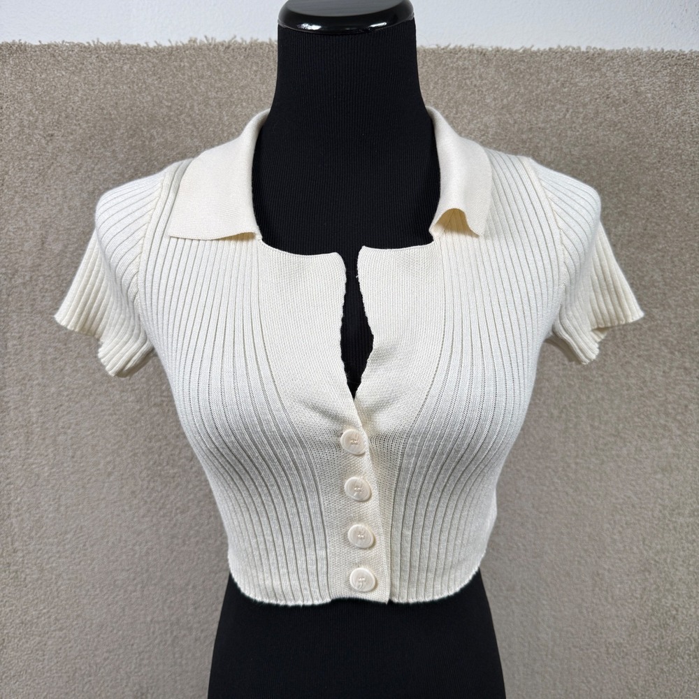 Thinkable Womens Ribbed Knit Crop Top Polo Collar Button Front Cream Size S